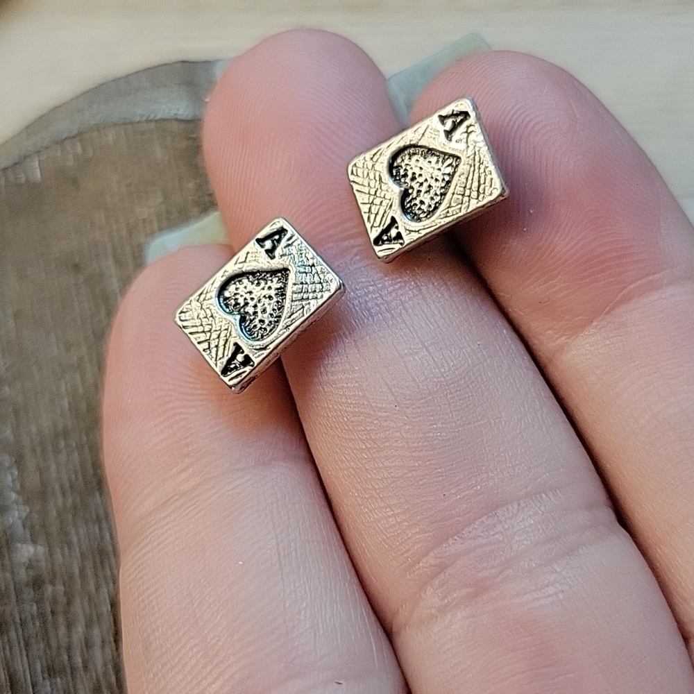 Aces Playing Card Antiqued Silver Post Earrings, unisex, best seller - Picture 3 of 4